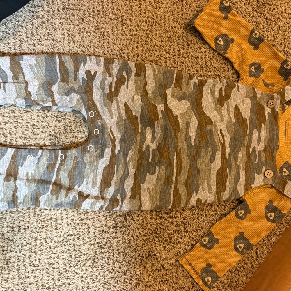 Mud Pie Camouflage Baby Romper with Mustard Accents